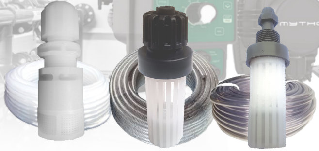 Chemical dosing pump foot valves and footvalve strainers